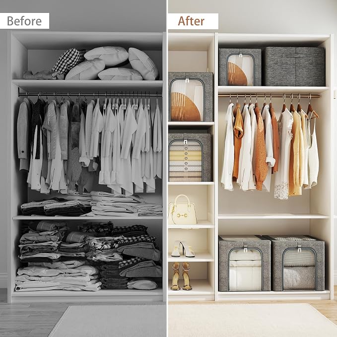 GoMaihe Clothes Storage Bin with Metal Frame: 6-Pack Stackable Closet Storage Bin with Lid & Clear Window, Sweater Boxes Storage for Closet Bedding Clothing Storage Organizer 40L - Image 9