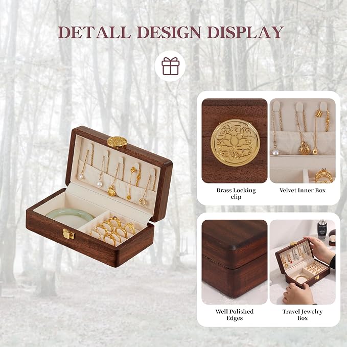 Travel Jewelry Case Wood Small Jewelry Box for Women Wood Jewelry Organizer Storage Holder For Earrings Rings Necklaces Velvet Wooden Jewelry Box With Lock - Image 4