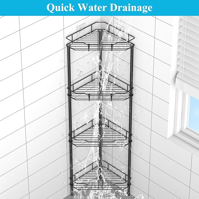 HuggieGems 4 Tier Floor Standing Corner Shower Caddy Organizer Shelf with Hooks, Bathroom Shelves Stand Rack, Matt Black - Image 6