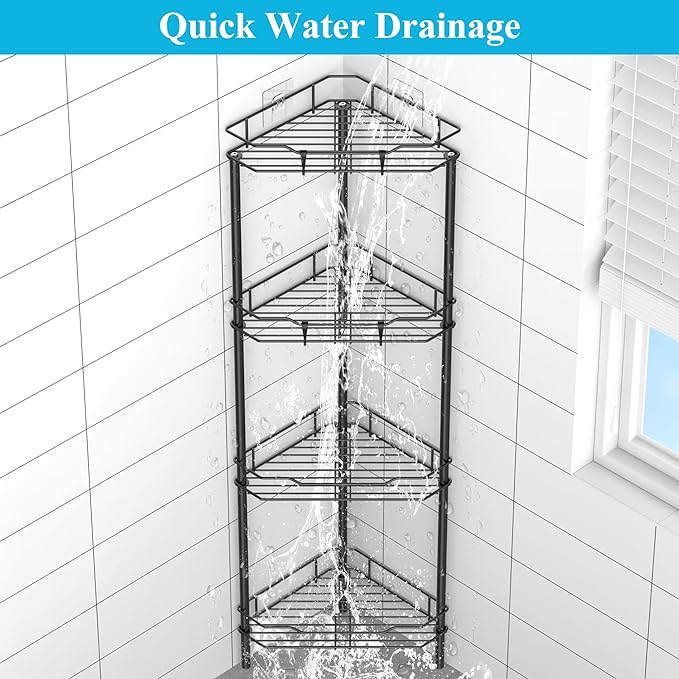 HuggieGems 4 Tier Floor Standing Corner Shower Caddy Organizer Shelf with Hooks, Bathroom Shelves Stand Rack, Black - Image 6
