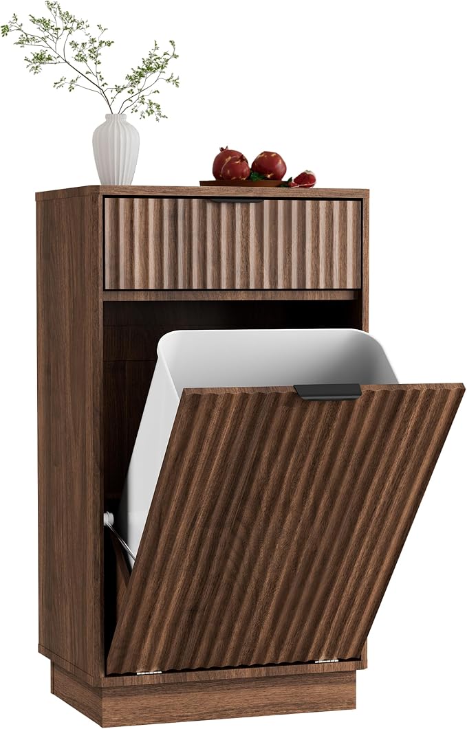 Tilt-Out Trash Cabinet with 10-Gallon Capacity, Walnut Laundry Hamper Cabinet, 34.3 x 19 x 13.8 inches, Wave-Textured Front. by Unknown