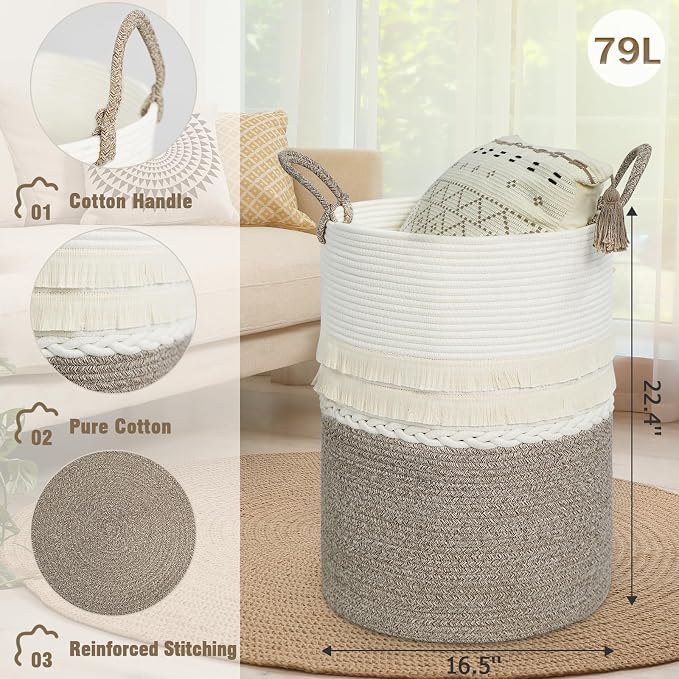 danpinera 79 L Large Laundry Basket, Tall Woven Cotton Storage Hamper with Handles, Dirty Clothes Hamper in Bathroom, Decorative Storage Basket for Living Room White & Brown - Image 2