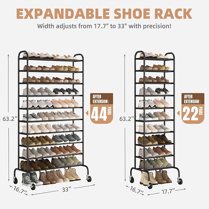 STORAGE MANIAC 10-Tier Expandable Shoe Rack, 44 Pairs Tall Vertical Shoe Rack, Heavy-Duty Metal Adjustable Shoes Organizer for Closet, Entryway, Hallway, Garage, Front Door, Shoes Shelves, Black - Image 3