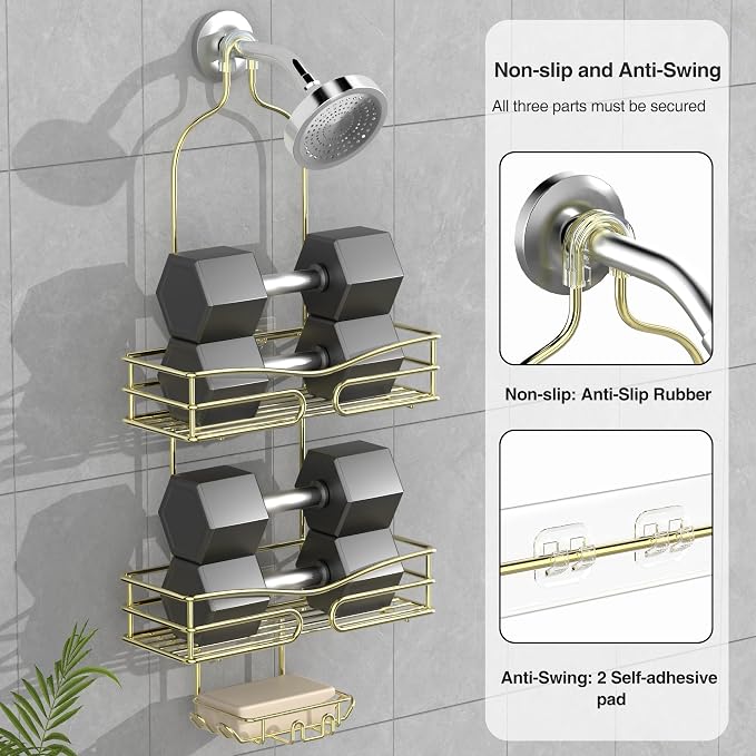 DAOYA Over the Shower Head Caddy - 3 Tier Shower Caddy Hanging, Gold Bathroom Organizer with Soap Holder & Hooks - Image 4