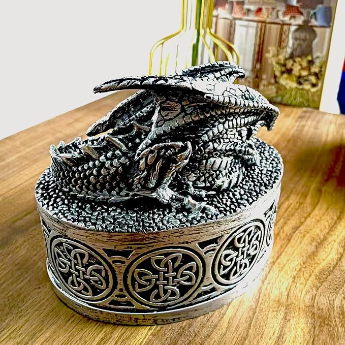 Dragon Statue Jewelry Box, Medieval Fantasy Myth Dragon With Cover Treasure Box, Dragon Statue Decoration Collection Gift Box. (Sliver) - Image 4