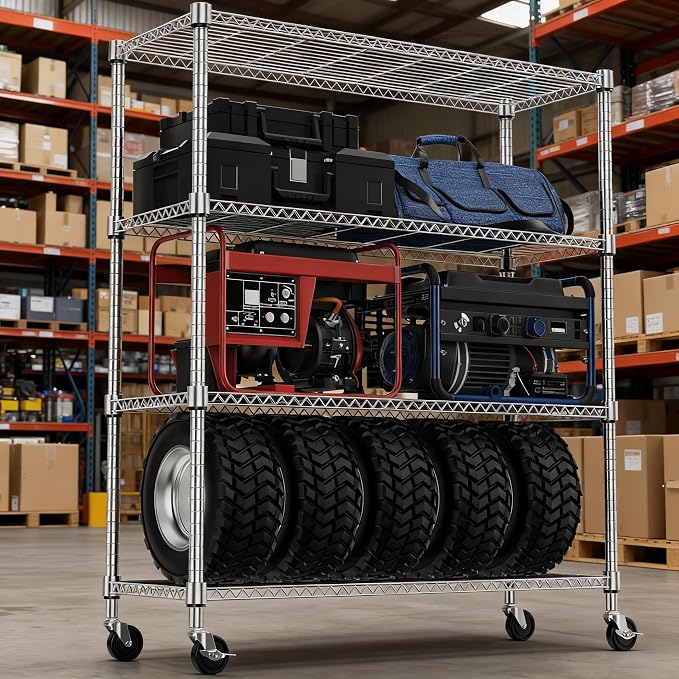 M MZG 1400LBS 47.2" W 4 Tiers Storage Shelves Metal Shelving Unit with Wheels Heavy Duty Garage Shelving Adjustable Wire Shelves for Pantry,Kitchen,Garage,Basement,Chrome 17.7" D x 47.2" W x 62.6" H - Image 8