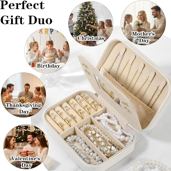 2-Pack PU Leather Travel Jewelry Organizer Cases with Mirror for Women, Portable Velvet Jewelry Box Set for Earrings, Rings, Necklace, Bracelet - Luxury Gift Set (Beige) - Image 5