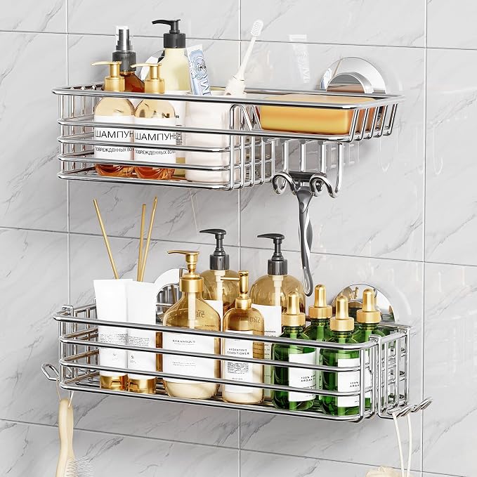 TAILI Shower Caddy Suction Cup 2 Pack with Hooks and Soap Holder, Heavy Duty Shower Organizer for Bathroom, No Drilling Silver Bathroom Suction Shelves-Silver by TAILI