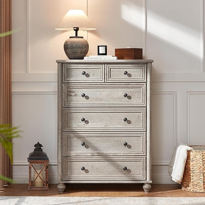RWYHG Farmhouse 6 Drawer Dresser, Grey Chest of Drawers, 43.5" Tall Dressers for Bedroom with Roman Column and Metal Handles, Rustic Wood Storage Organizer for Living Room, Hallway, Closet