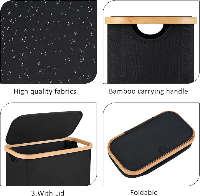 60L Slim Laundry Hamper,Laundry Basket with Lid,Tall Hamper for Laundry,Dirty Cloth Hamper with Bamboo Handle for Toys,Towels, Clothes Organizing,Black - Image 2