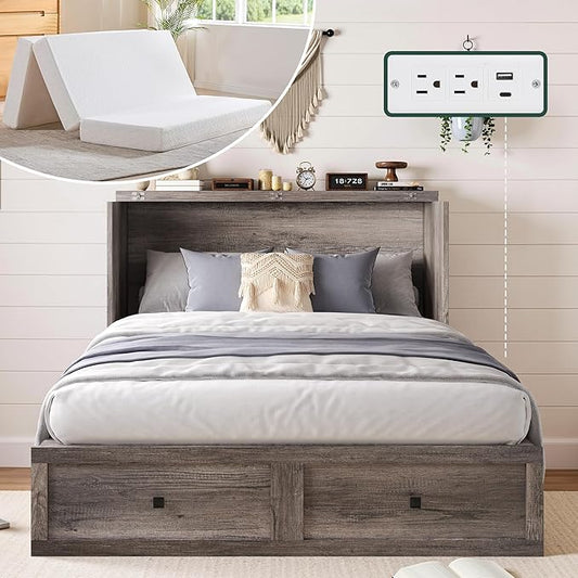 LUXOAK Queen Murphy Bed with 6" White Tri-Fold Memory Foam Mattress, Storage Drawer & Charging Station, Space-Saving Design for Home Office or Guest Room, Rustic Grey