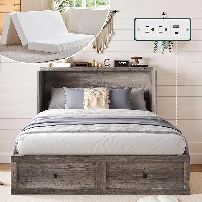 LUXOAK Full Murphy Bed with 6" White Tri-Fold Memory Foam Mattress, Storage Drawer & Charging Station, Space-Saving Design for Home Office or Guest Room, Rustic Grey