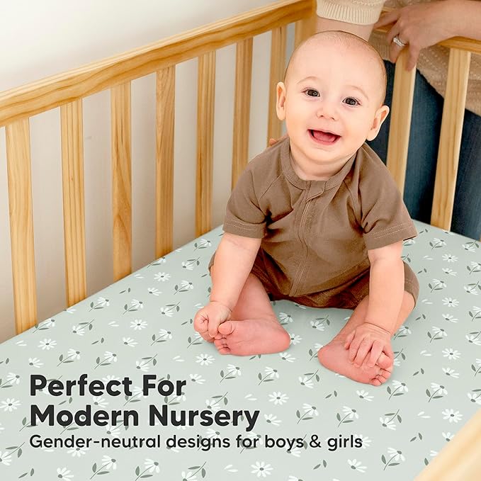2-Pack Waterproof Baby Crib Sheets for Boys, Girls - 52x28 Viscose Derived from Bamboo Toddler Bed Sheet Neutral, Fitted Crib Mattress Protector Cover for Baby Bedding, Soft & Gentle (Daisies)