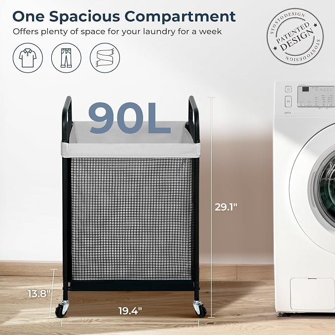 STO STO Laundry Hamper, 90L Rolling Laundry Sorter Cart with Removable and Washable Liner Bag, Clothes Hamper with Wheels and Metal Handle for Laundry Room and Bedroom, Gray - Image 4