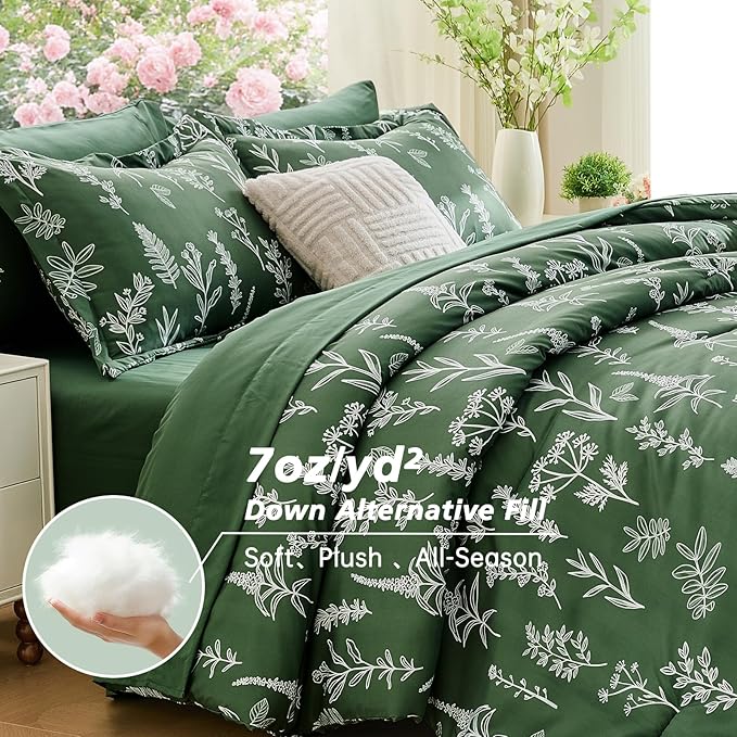 MUXHOMO Dark Green King Comforter Set, Elegant Floral Print Bed in a Bag 7 Pieces, Ultra Soft & Breathable Reversible Botanical Pattern Bedding Set with Comforter, Sheets, Pillowcases, and Shams