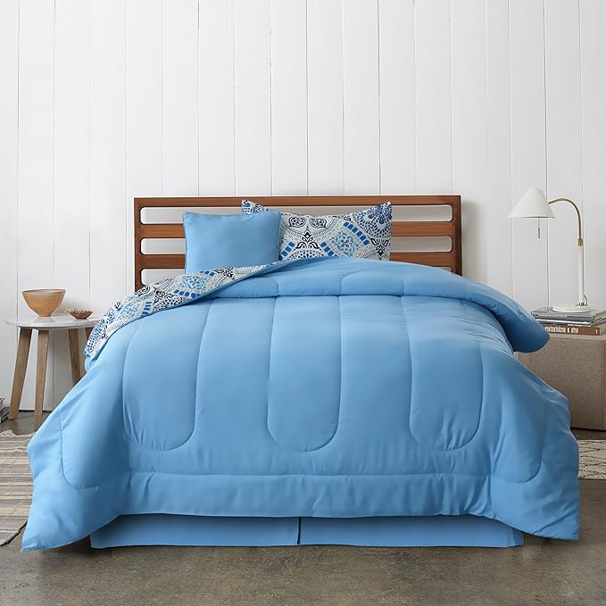 LUX Décor Reversible 4pc Twin Comforter Set, Printed Bedding Set, All-in-One Bed in a Bag, Includes 1 Comforter, 1 Pillow Sham, 1 Decor Pillow & 1 Bed Skirt (Aztec Sky,Twin)