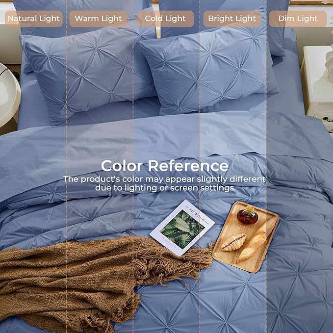 Sasttie California King Comforter Set, 7-Piece Bed in a Bag, Pintuck Bedding Sets for All Season, Includes Comforter, Flat Sheet, Fitted Sheet, Pillowcases and Pillowshams, Slate Blue