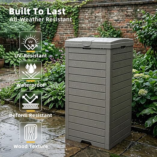 EFU 38 Gallon Outdoor Trash Can with Lid & Drip Tray, Waterproof Garbage Can for Patio Backyard Deck Porch, Heavy Duty Waste Container Bin，Light Coffee - Image 3