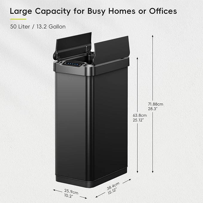 EKO Phantom-T 13.2 Gallon/ 50L Automatic Sensor Kitchen Trash Can, Slim Stainless Steel Touchless Garbage Bin with Soft-Close Dual Wing Lid for Home & Office, Matte Black - Image 2