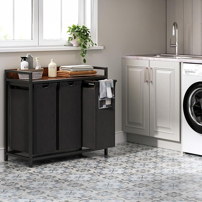 Herture Laundry Hamper with Shelf, Laundry Basket 3 Section, Laundry Sorter with Pull-Out Removable Large Bags and Movable Wheels, Metal Frame, 3 x 15.87 Gallons (60L), Rustic Brown + Black PF04XLY - Image 2
