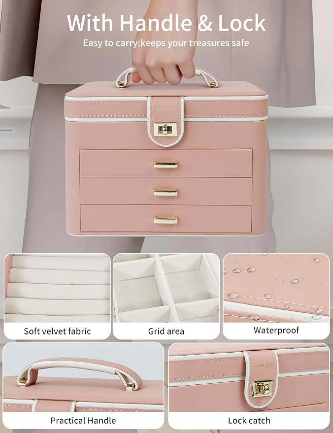 KAMIER Jewelry Organizer Box for Women - 4 Layer Drawer Jewellery Storage with Lock and Mirror - Jewelry Case for Necklaces Rings Bracelets Earring Holder Organizers (Pink) - Image 2