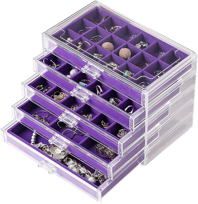 Frebeauty Acrylic Jewelry Organizer Earring Organizer Box with 5 Drawers Earring Holder Organizer with Velvet Trays Clear Jewelry Box for Women Earring Display for Rings Studs(Purple) by Frebeauty