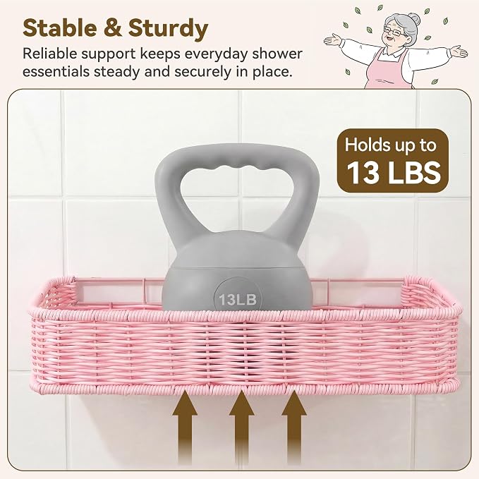 GRANNY SAYS 2 Pack Wicker Shower Caddy Hanging, Shower Shelf for Inside Showers, Adhesive Shelves for Bathroom Organizers and Storage, Bathroom Shelves Wall Mounted with 4 Hooks for Home Decor, Pink - Image 5