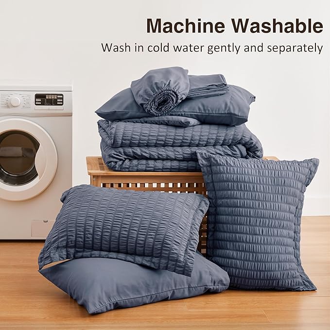 Love's cabin Seersucker Navy Blue Full Comforter Set, 7-Piece All Season Lightweight Bed in a Bag Bedding Set with Comforter, Flat Sheet, Fitted Sheet, Pillowcases and Shams | Soft, Breathable, Lightweight