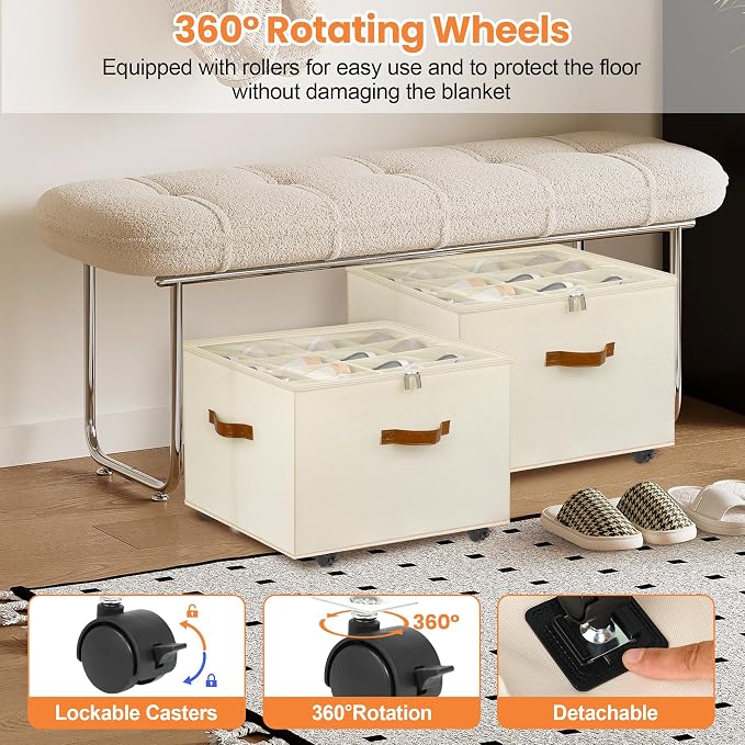 Shoe Organizer for Closet, 2 Pack Shoe Storage Organizer with Wheels and Adjustable Dividers, Stackable Shoe Storage Box with Clear Cover, Foldable Closet Shoe Organizer Fits up to 16-32 Pairs, Beige - Image 3