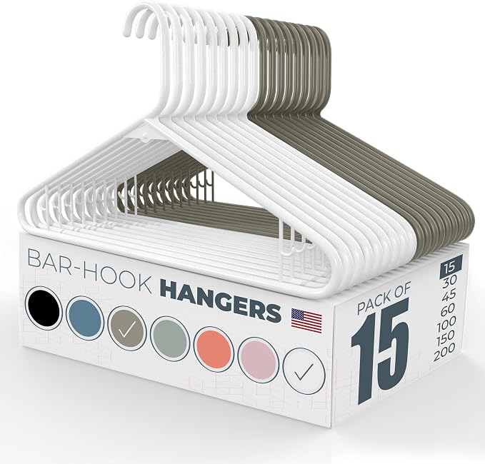 Neaties Plastic Hangers 15 Pack - Made in the USA - 6lb Capacity Standard Clothes Hangers with Strap Hooks for Dresses, Lingerie, Shirts, Pants, and Jackets - White & Gray by NeatiesHangers