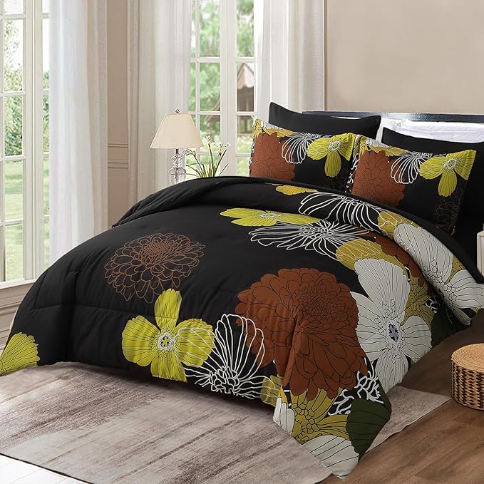 Yiran 7 Pieces Boho Floral Comforter Sets Black Brown Yellow Lightweight Comforter Bed in a Bag Flowers Microfiber Bedding Set for All Season,King Size 104''x90''