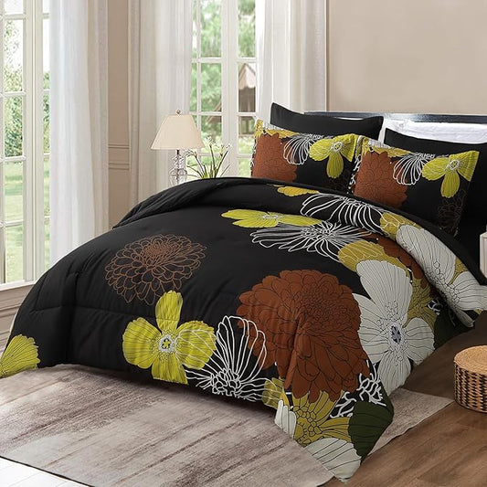 Yiran 7 Pieces Boho Floral Comforter Sets Black Brown Yellow Lightweight Comforter Bed in a Bag Flowers Microfiber Bedding Set for All Season,Queen Size 90''x90''