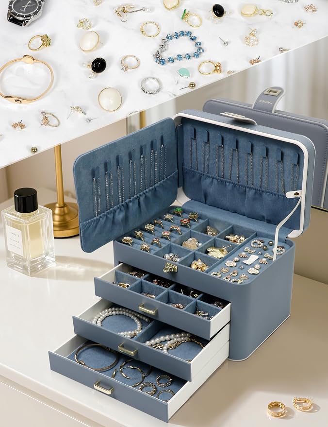 KAMIER Jewelry Boxes for Women, 4 Layer Jewelry Organizer with Mirror, 3 Drawers, Large Jewelry Box for Bracelets, Earrings, Rings, Necklaces, Mothers Day Gifts for Loved One, Bluish Grey - Image 6