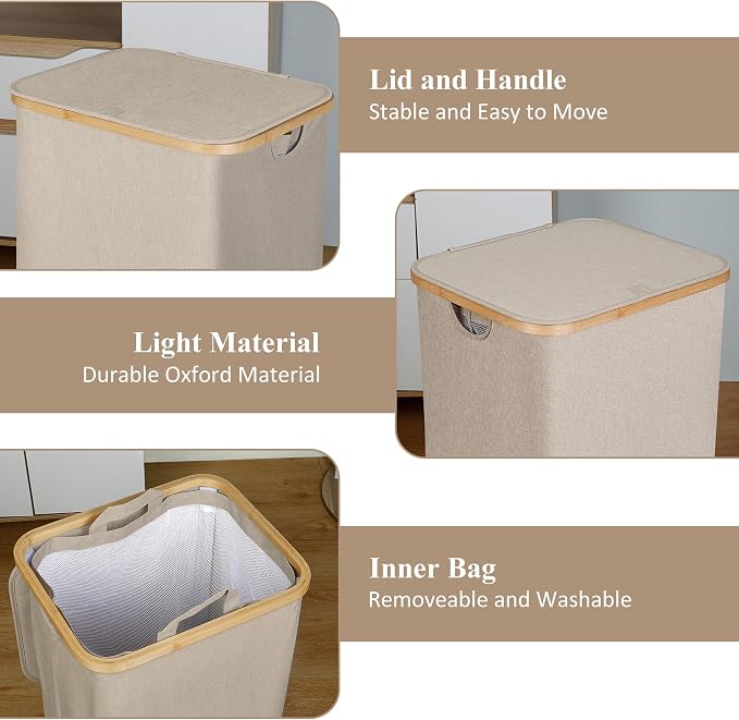 IEGrow Laundry Basket with Lid, Large Laundry Hamper with Handle and Lid, Collapsible Clothes Basket Organizer with Removable Inner Bag for Clothes Toys Towels (Oatmeal, 110L) - Image 5