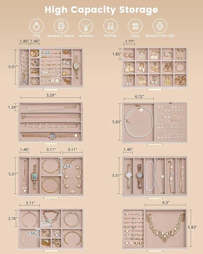Lolalet Jewelry Box Organizer, 8-Layer Jewelry Organizers and Storage Case with Glass Lid, Ring Earring Bracelet Necklace Holder Organizer, Birthday Valentine Gifts for Women Girls -8Layer, Beige - Image 4