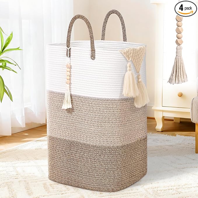 Woven Laundry Basket for Clothes,100 L Large Rectangle Laundry Hampers with Beads Tassel, Nursery Storage Basket for Toys, Tall Dirty Clothes Hamper for Bedroom Aesthetic, Laundry Room Organization by WENMER