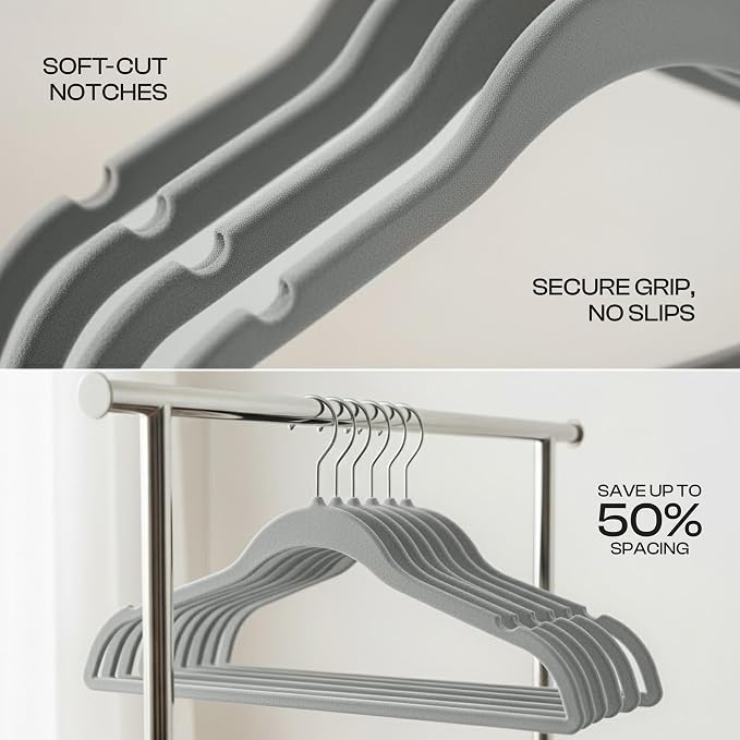 Utopia Home Velvet Hangers 20 Pack – Luxury Non-Slip Slim Pant & Coat Hangers, Strong Space-Saving Clothes Hangers with Pants Bar and 360° Swivel Hook – Grey - Image 8