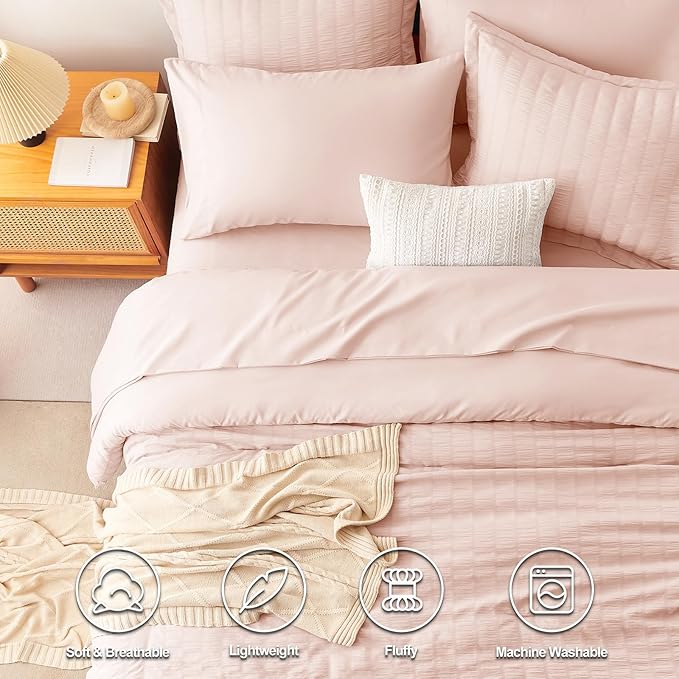 CozyLux King Size Comforter Set Blush Pink Seersucker 7 Pieces Bed in a Bag King Comforter Set with Sheets, Luxury Soft Bedding Sets with Down Alternative Comforter, Sheets, Pillowcases & Shams