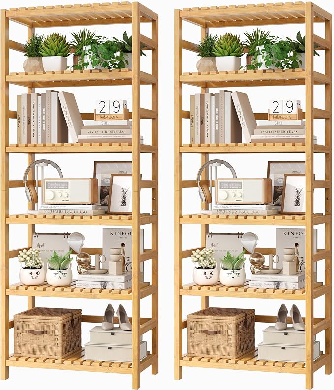 FOTOSOK 6-Tier Bamboo Shelf Set of 2, Bamboo Bookcase with Adjustable Shelves, Free Standing Storage Shelf Unit and Plant Flower Stand, Tall Large Bookshelf for Kitchen, Bathroom, Home Office, Natural by FOTOSOK