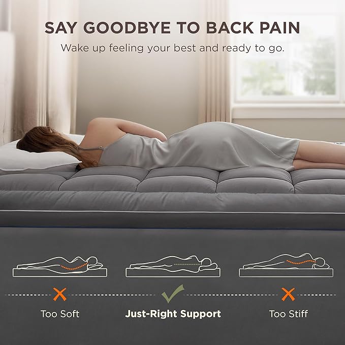 Bedsure King Mattress Topper - Pillow Top Mattress Pad Cover with Deep Pocket Fits up to 21 Inches, Plush Soft Bed Topper for Back Pain Relief, Overfilled with Down Alternative Filling, Grey