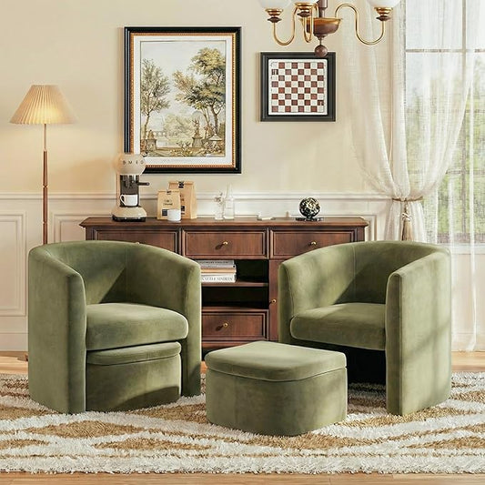 COLAMY Morden Velvet Living Room Side Chair with Storage Ottoman Set of 2, Single Sofa Armchair with Lounge Seat, Upholstered Barrel Accent Chair for Bedroom/Office/Reading Spaces, Green