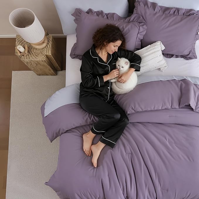 JANZAA Comforter Set Full Size Grayish Purple Ruffle Comforter 3PCS Soft Fluffy Comforter Vintage Farmhouse Bed Comforter Set Shabby Chic Bedding with 2 Pillowcases