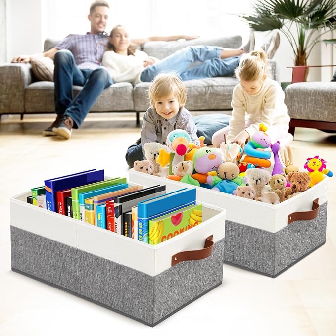 3 Pack Large Capacity Storage Bins Closet Organizer for Shelves, Fabric Closet Storage Baskets Boxes with Leather Handles for Organizing Clothes, Sheets, Jeans, Toys, Books (Grey) - Image 5