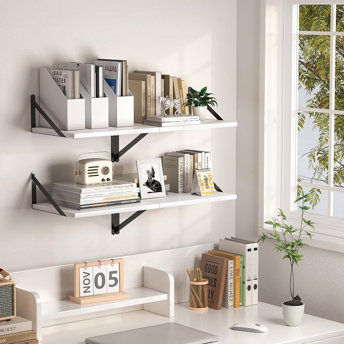 Heimlove White Deep Floating Shelves for Wall, 16W x 12D Wood Wall Shelves Set of 2, Wide Floating Bookshelf for Living Room, Kitchen, Office, Bedroom and Decor Storage, with Black Bracket - White - Image 5