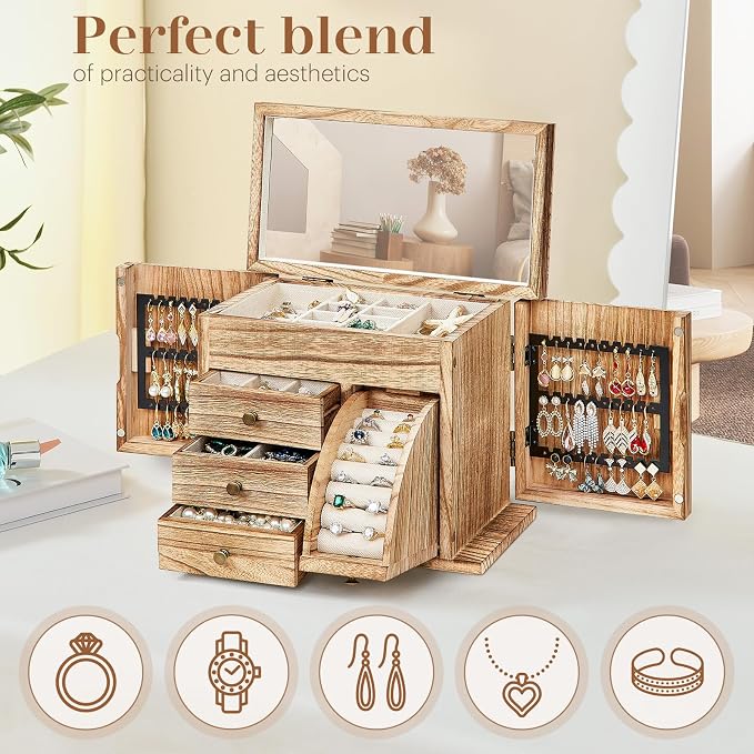 Poyilooo Jewelry Box Organizer, Solid Wood Jewelry Boxes fow Women with Mirror, Double Layer Jewelry Organizer Box Display Earring Necklace Bracelet Ring, Rustic Style Small Jewelry Box for Girls - Image 5