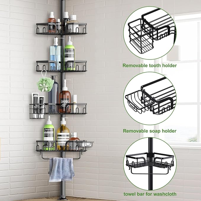 Corner Shower Caddy Tension Pole 4 Tier Adjustable Stainless Steel Shower Shelf for Inside Shower Bathtub Shampoo,Standing Bathroom Organizer Shelves with 39 to 113 inch Height - Image 3