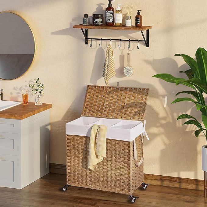 Greenstell Laundry Hamper with Wheels&Lid, 130L Large 3 Sections Clothes Hamper with 2 Types Removable Liner Bags, 5 Mesh Laundry Bags, Handwoven Divided Laundry Basket for Clothes, Natural - Image 2