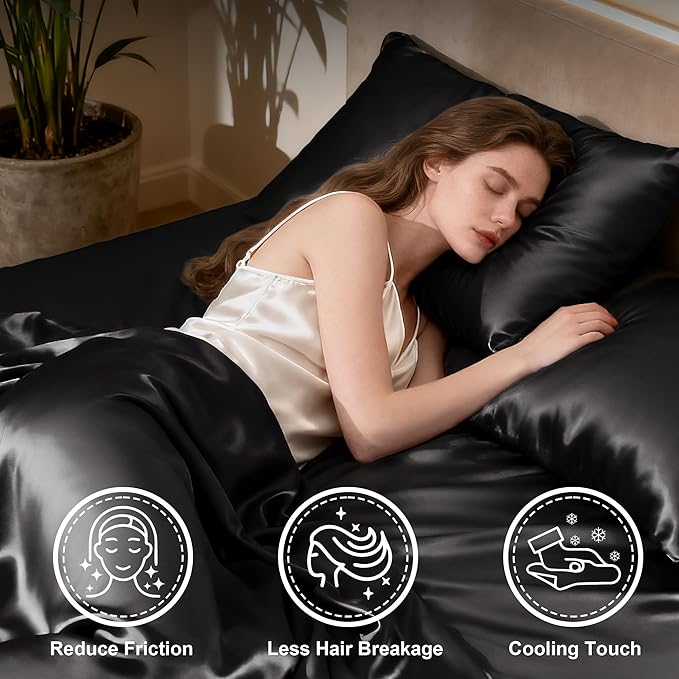 Love's cabin Twin Satin Sheets Sets - 3 Piece Black Silky Bed Sheets with Deep Pockets, Luxury Silk Feel Satin Twin Size Sheet Set Bedding Set (1 Flat Sheet,1 Fitted Sheet,1 Pillow case)