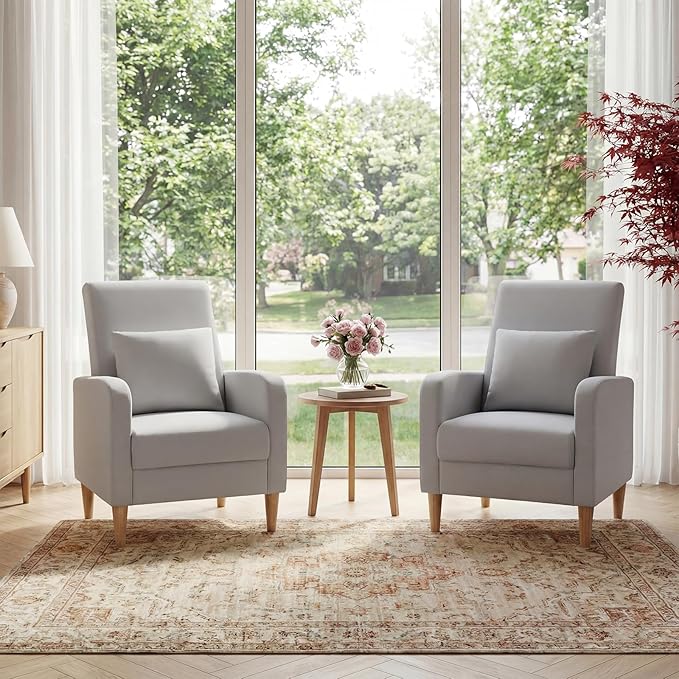 COLAMY Faux Leather Accent Living Room Chairs Set of 2, Upholstered Arm Chair Reading Side Chair, Single Sofa with Back Pillow and Wood Legs, Light Grey
