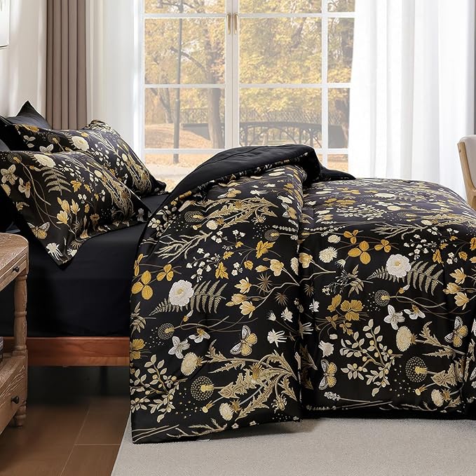 Yiran King Size Comforter Set, 7 Pieces Black Floral Soft Bedding Sets, King Bed in a Bag Brown Botanical Flowers Winter Comforter, Sheets, Pillowcases & Shams